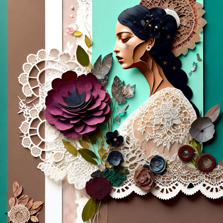 Digital artwork featuring woman with ornate paper craft elements in earth tones and deep purples