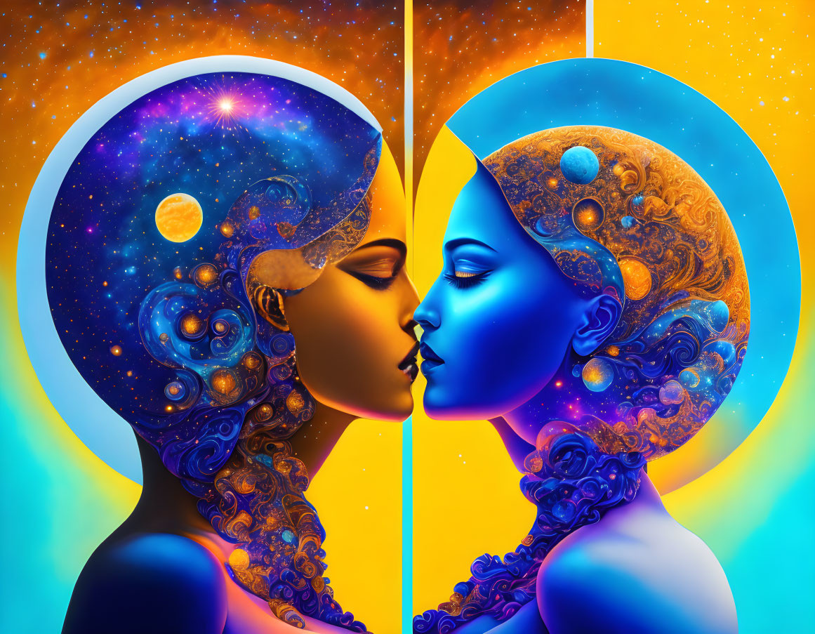 Symmetrical cosmic faces on blue and orange background