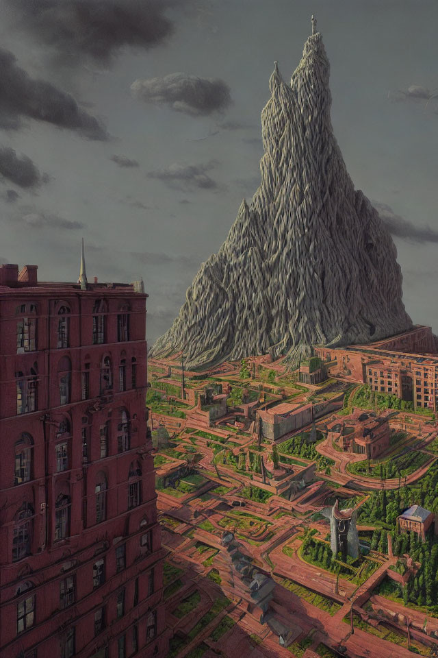 Surreal artwork of towering mountain and cityscape with statue