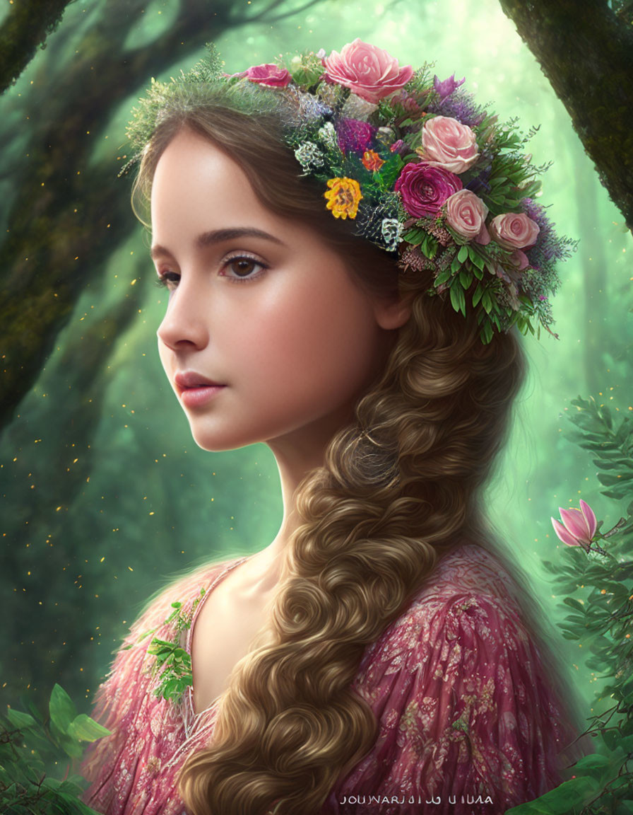 Digital portrait of young woman with floral crown and braided hair in pink dress, against enchanted forest.