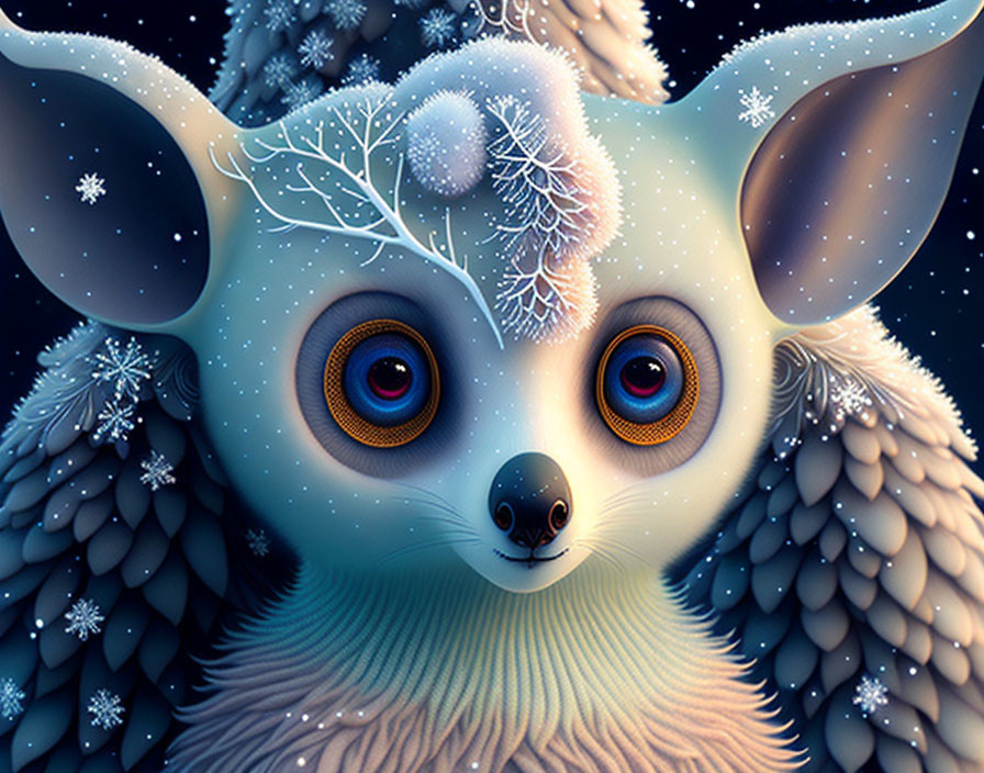 Whimsical illustration of wide-eyed furry creature with snowflakes, exuding magical wintry charm