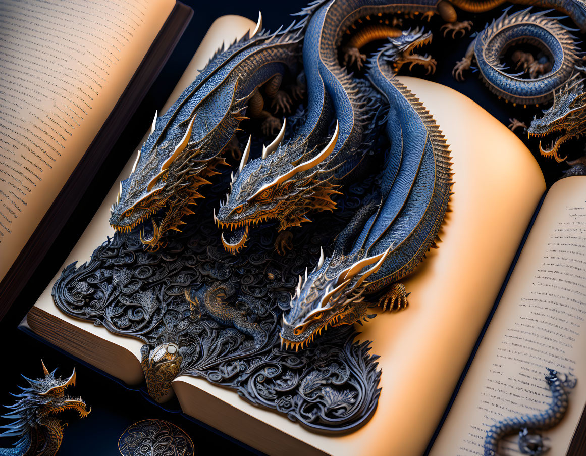 Detailed 3D illustration of majestic dragons emerging from an open book