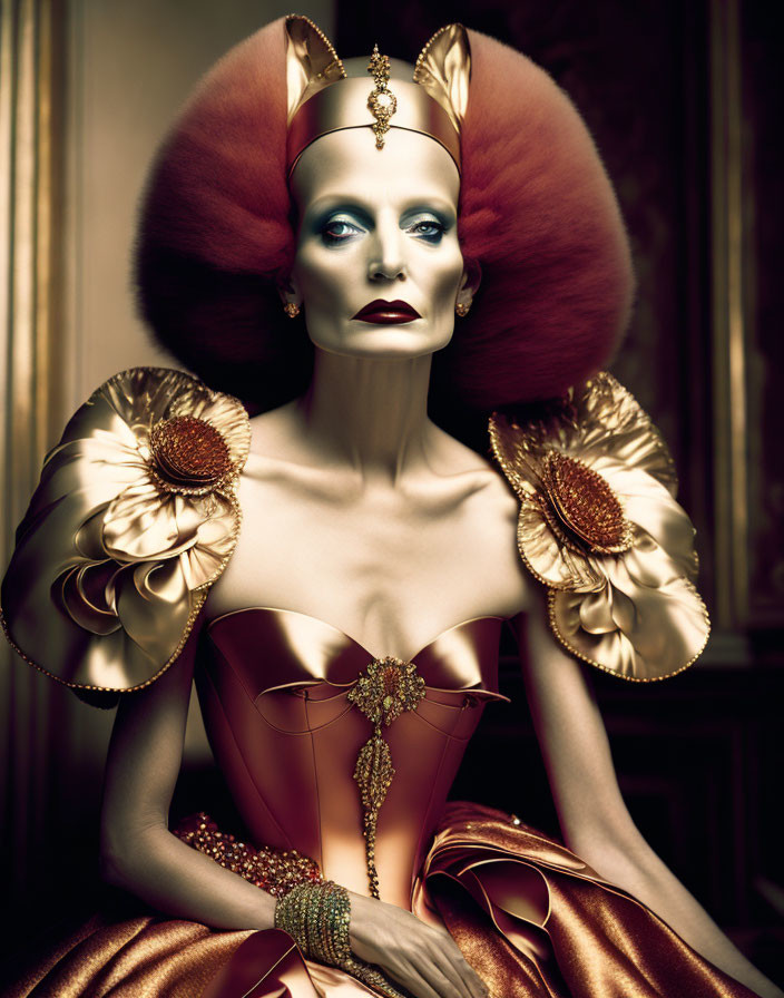 Elaborate Golden and Red Costume with Striking Headpiece and Intense Gaze