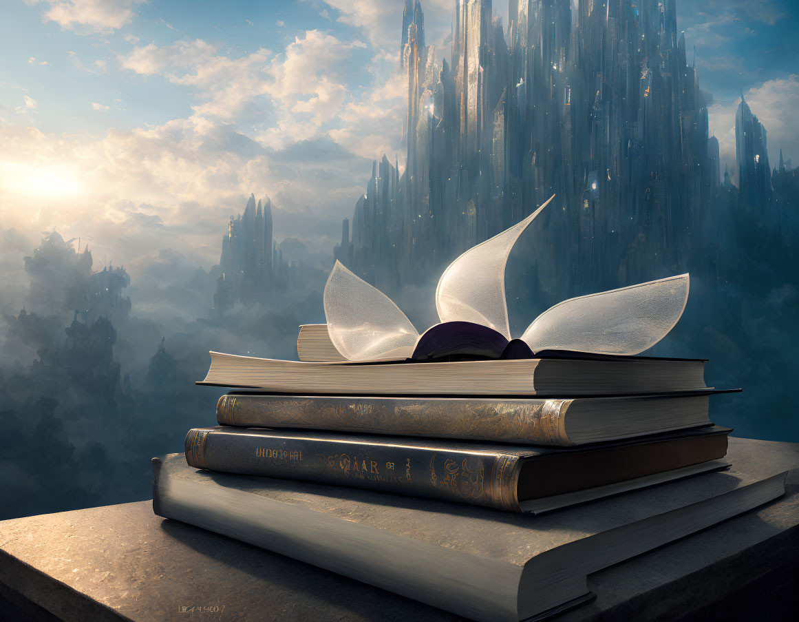 Open book with glowing pages and white wings on stack of books in ethereal cityscape.