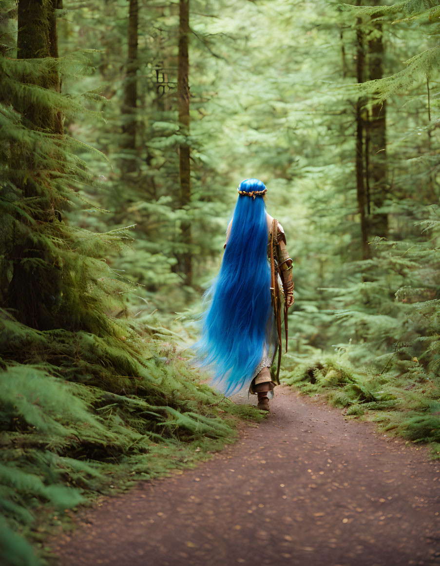 Person with vibrant blue hair walking in lush forest setting