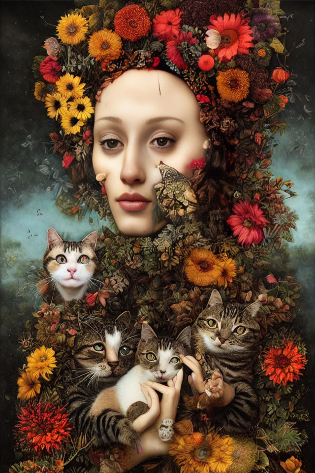 Person wearing floral headdress with two cats and butterfly.