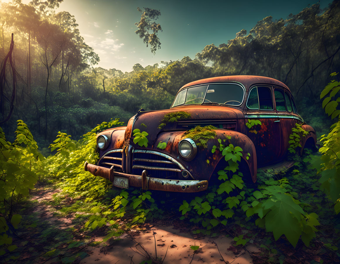 Overgrown vintage car in sunlit forest