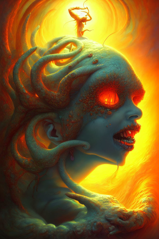 Fantastical creature with blue skin, tentacle-like hair, and glowing orange eyes on fiery backdrop