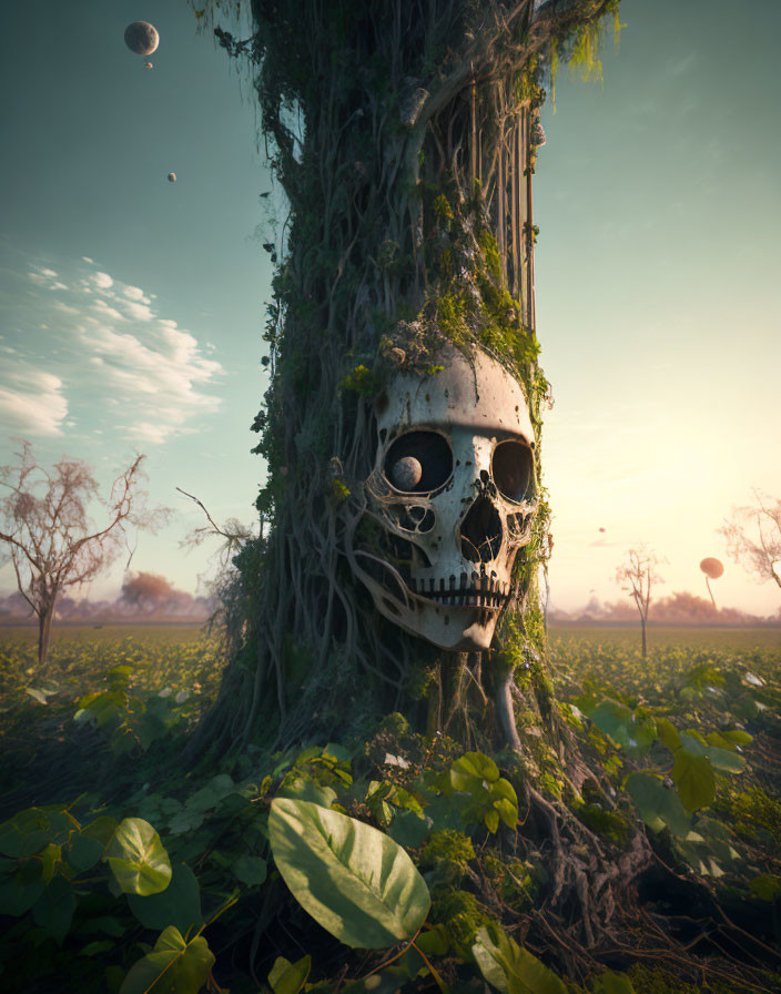 Skull entwined in vines on tree trunk in mystical landscape