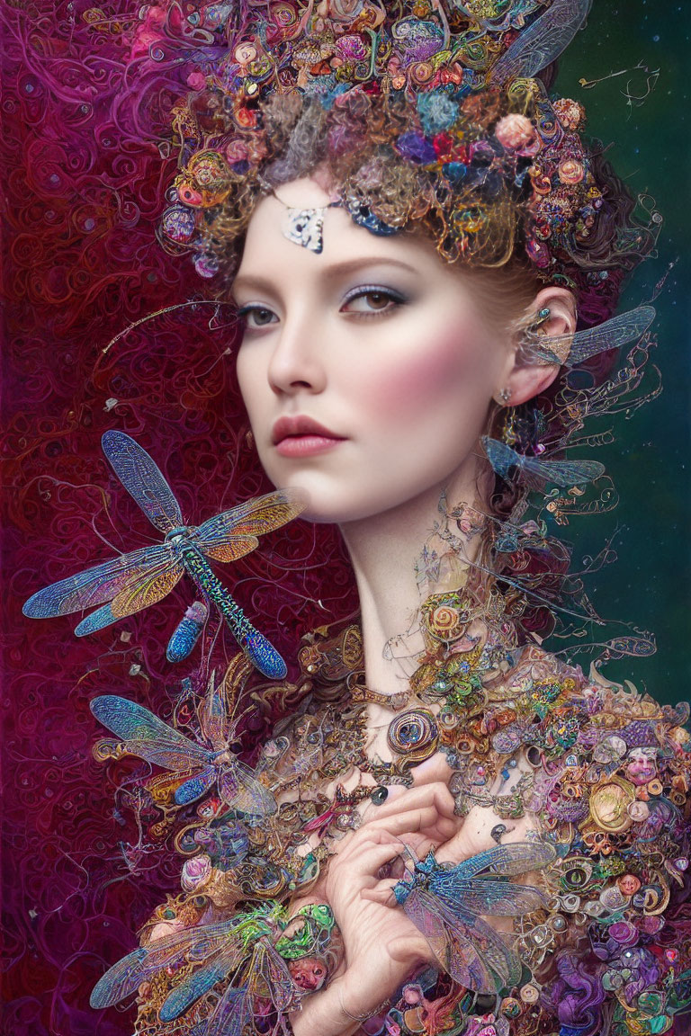 Elaborate fantasy makeup woman with dragonfly and floral headdress.