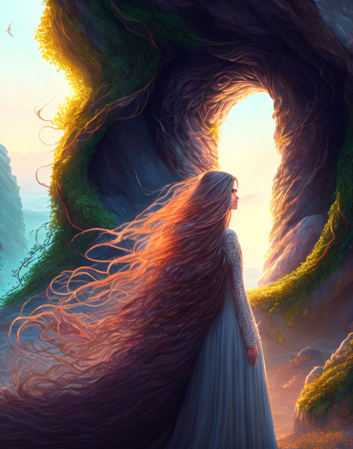 Woman with Long Flowing Hair at Natural Tree Tunnel Entrance gazes at Bright Landscape