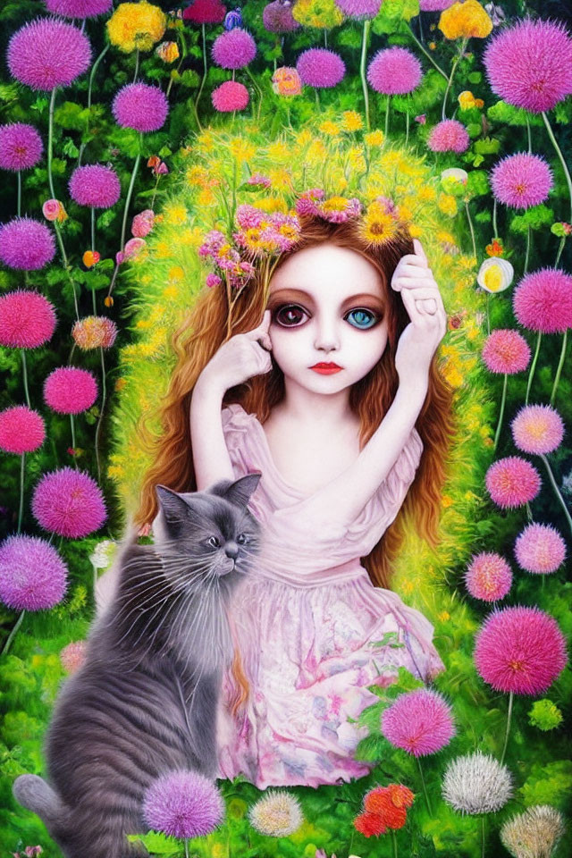 Whimsical painting of a girl with large eyes in floral setting