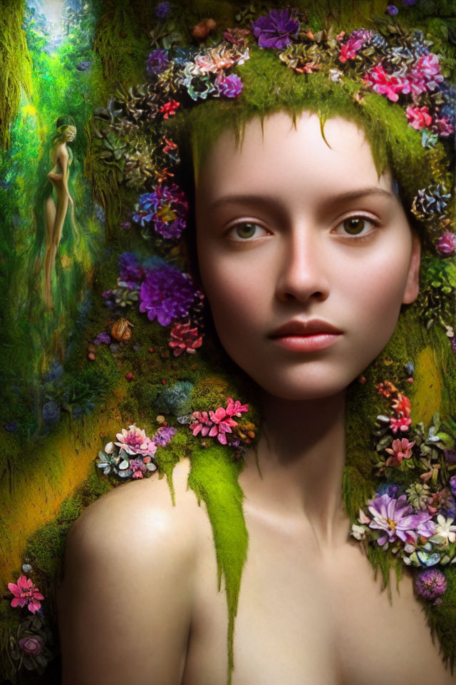 Colorful Flower and Moss Adorned Woman Portrait with Nature Connection