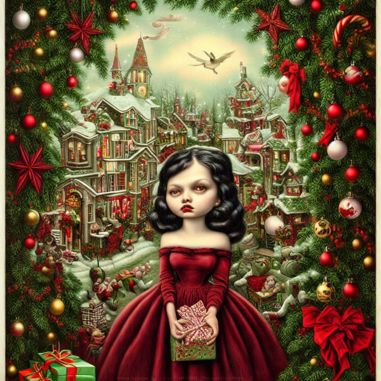 Gothic-style girl in red dress with present in detailed Christmas village.