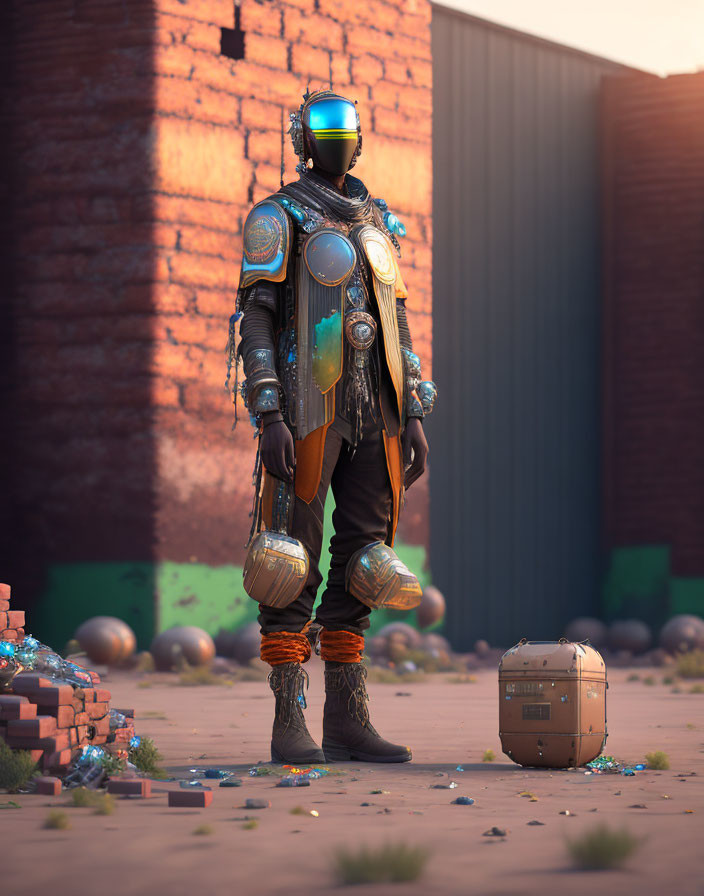 Futuristic figure in ornate armor in deserted alleyway