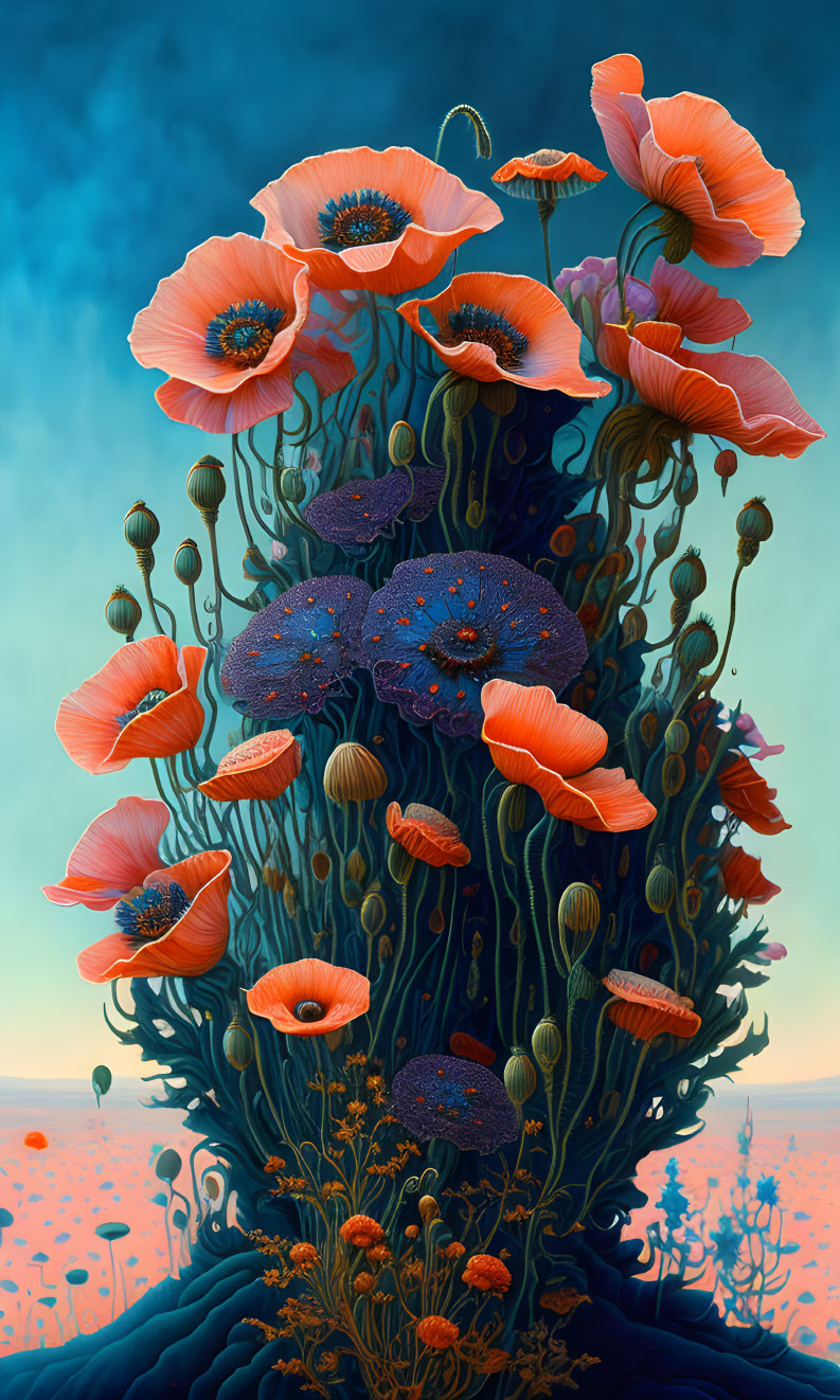 Surreal tree with red and blue flowers against ombre sky