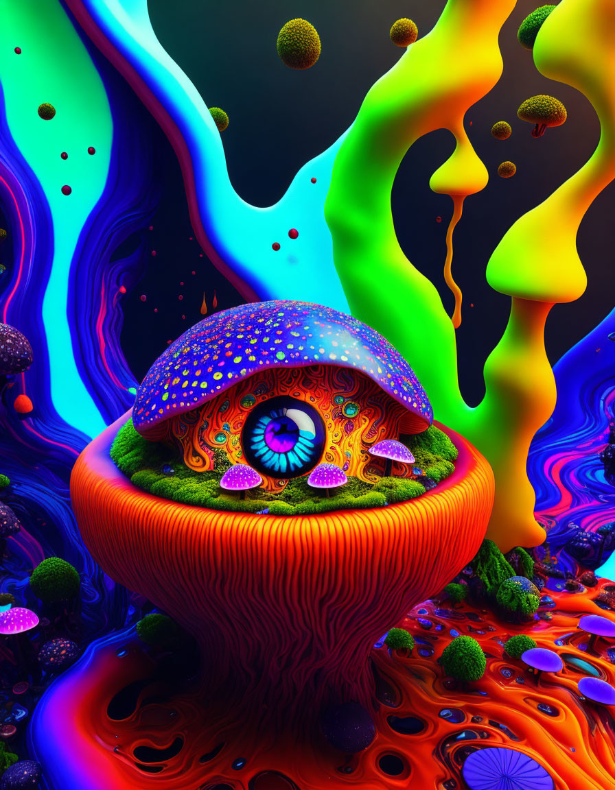 Colorful Mushroom with Eye Pattern in Psychedelic Artwork