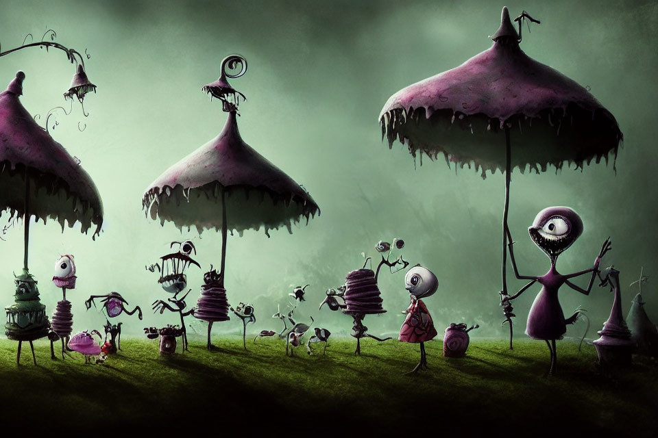 Surreal Fantasy Landscape with Quirky Creatures and Mushroom Trees