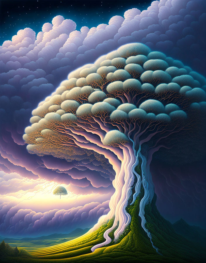 Surreal painting of tree with cloud-like canopy in starry night sky