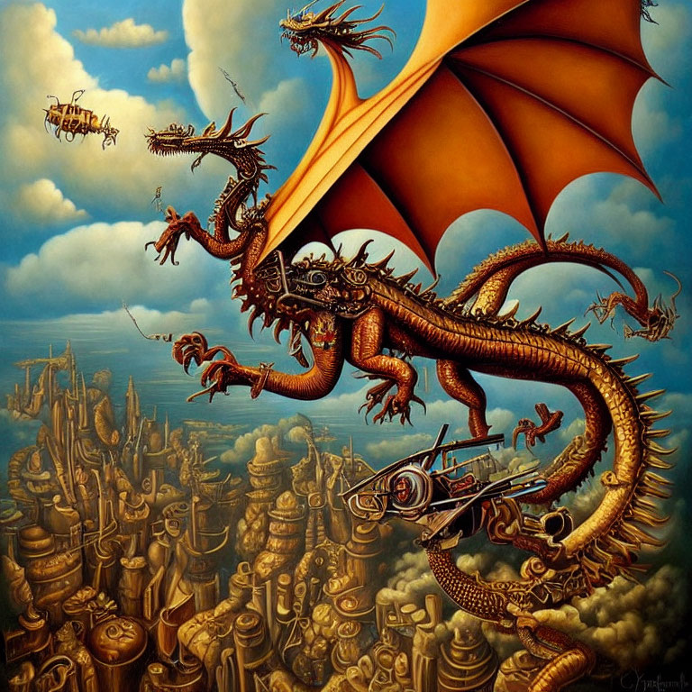 Detailed fantasy dragon soaring over intricate cityscape with flying machines