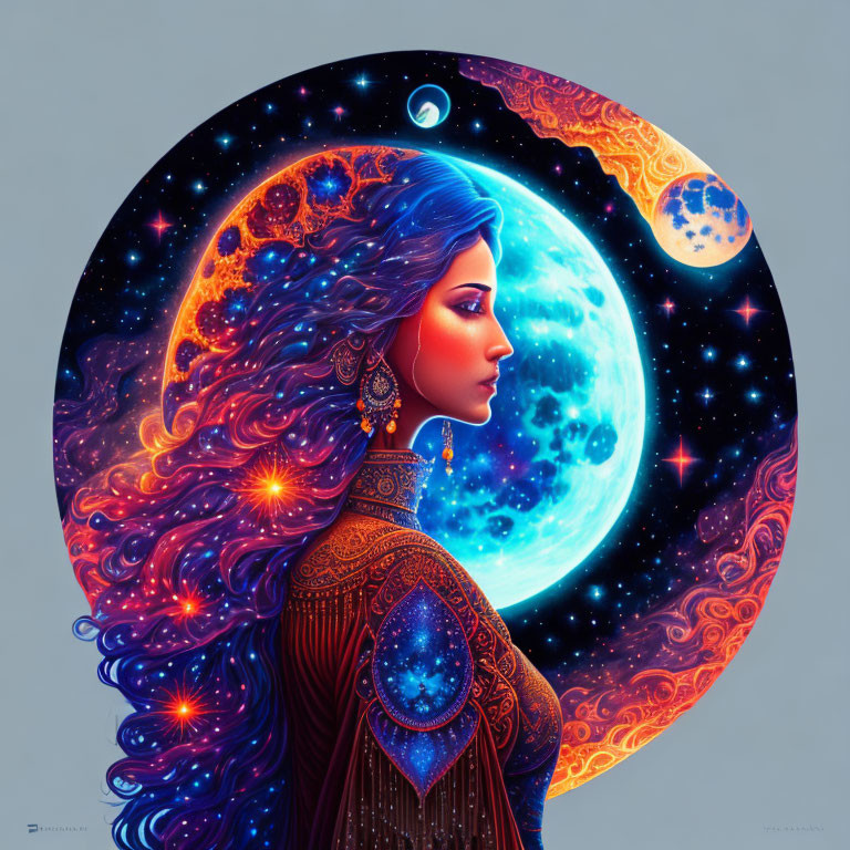 Profile of a woman with space-themed hair in cosmic backdrop.