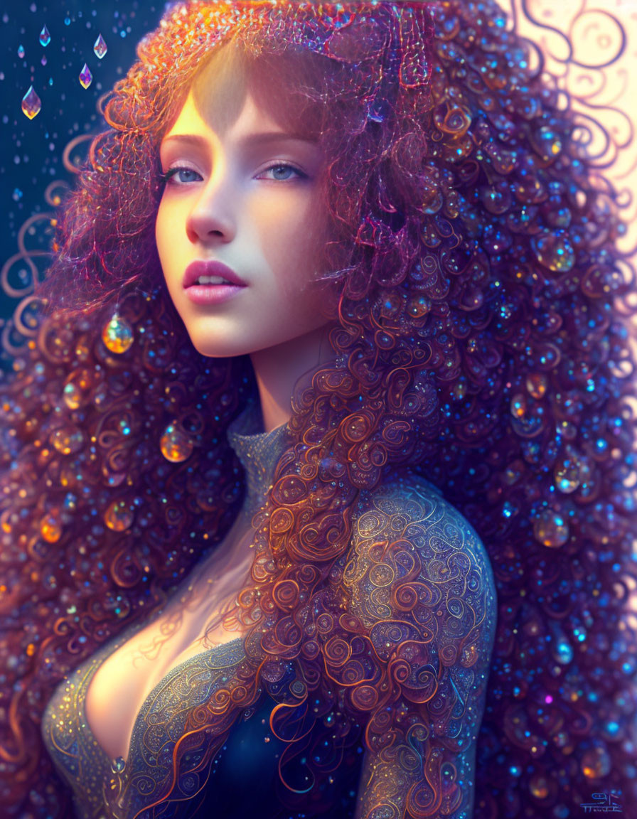 Digital artwork featuring woman with voluminous red curly hair and intricate patterns on garment.