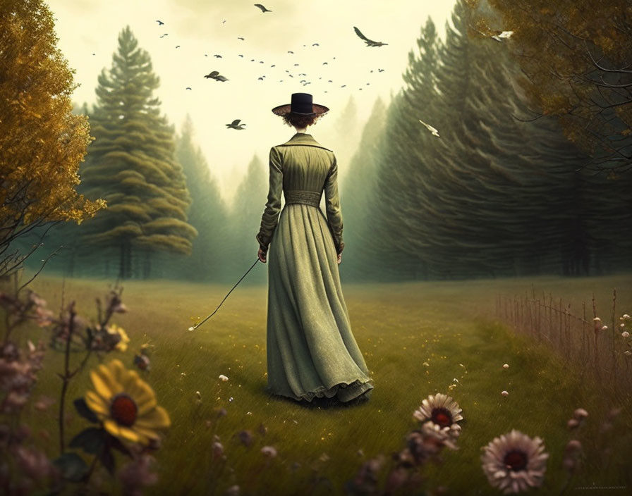 Woman in vintage dress and hat in misty forest field with flying birds