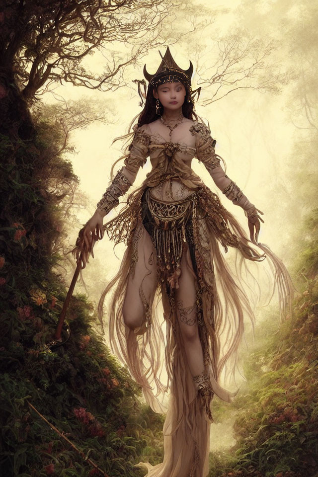 Elaborate fantasy attire in misty forest with horned headdress