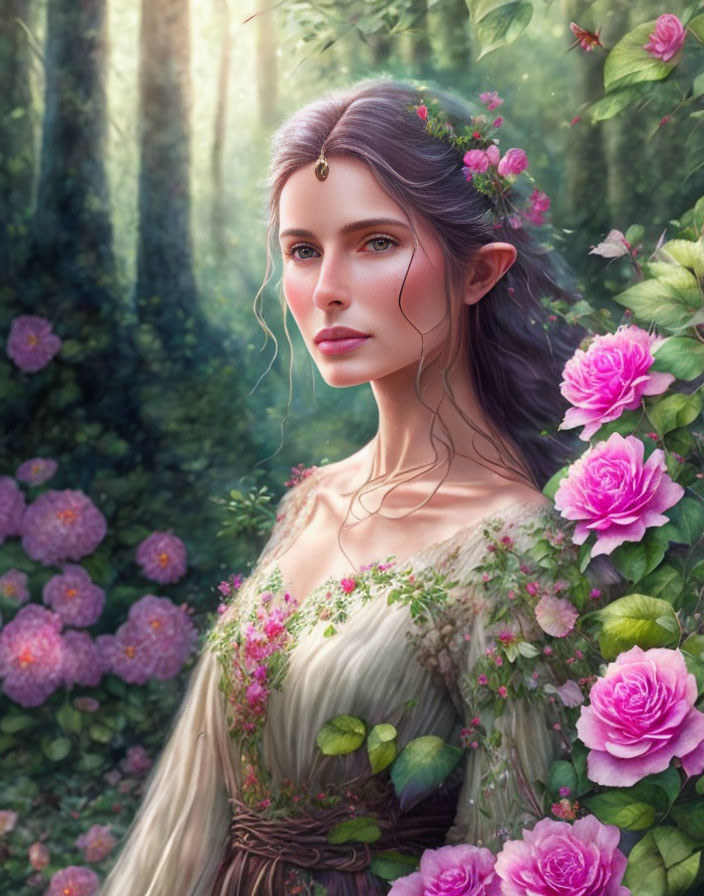 Digital illustration of ethereal woman in lush greenery with pink roses