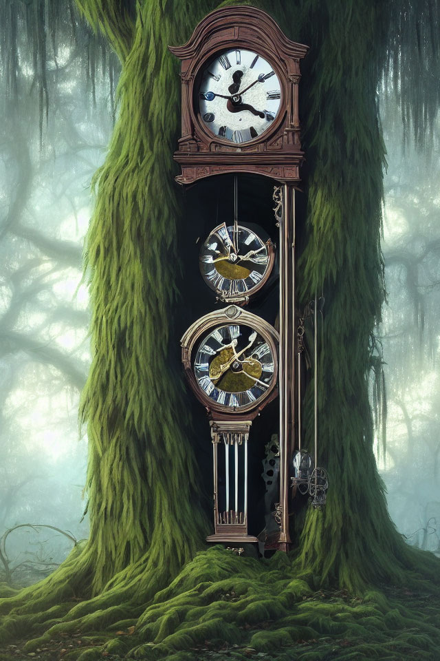 Ornate grandfather clock integrated with mossy tree in misty forest