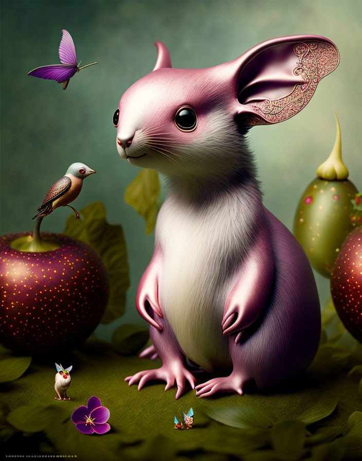 Pink Mouse-Like Creature with Intricate Ears Surrounded by Birds and Flowers