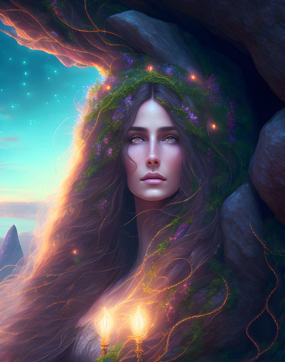 Mystical woman with long flowing hair and crown in twilight setting