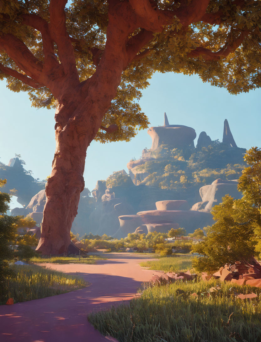 Majestic tree shading sandy path among rock formations