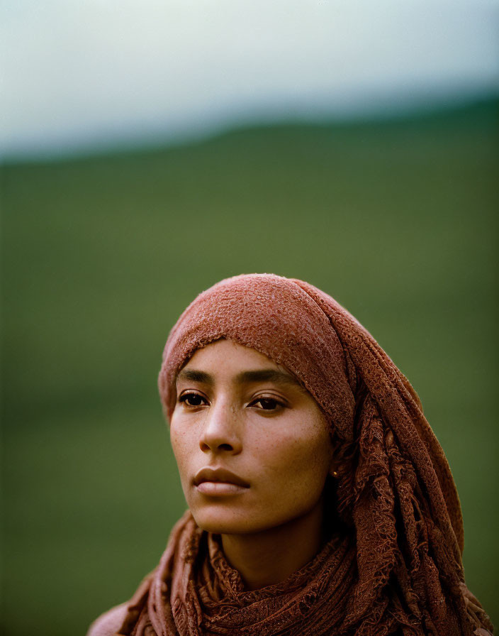 Woman in headscarf pensive against green backdrop