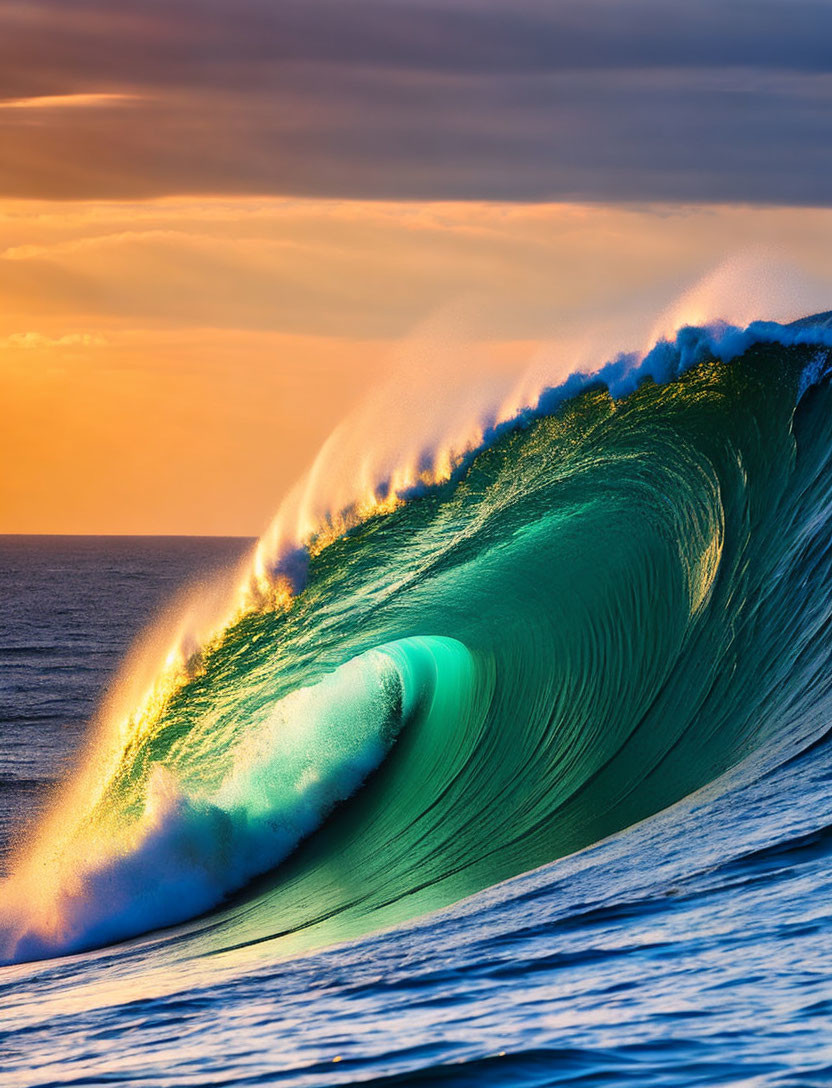 Colorful Ocean Wave Curling Against Sunset Sky