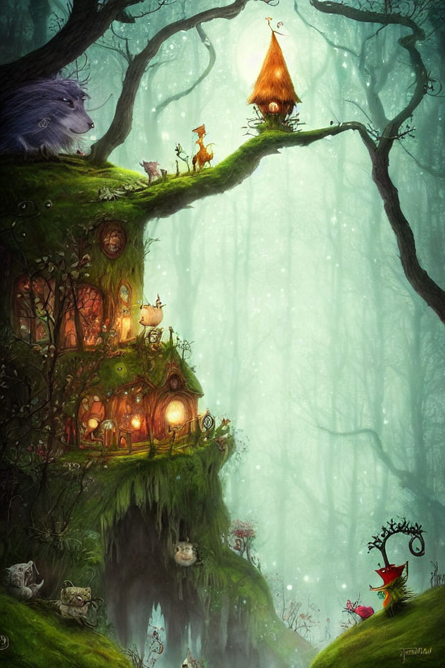 Enchanting forest scene with whimsical treehouse and fantastical creatures