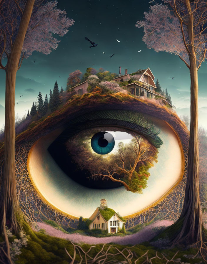 Eye-shaped surreal landscape with forest, houses, evening sky, and birds.