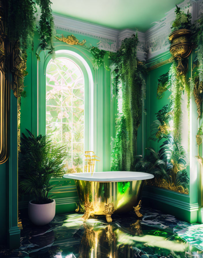 Luxurious Bathroom with Golden Claw-Foot Bathtub and Greenery