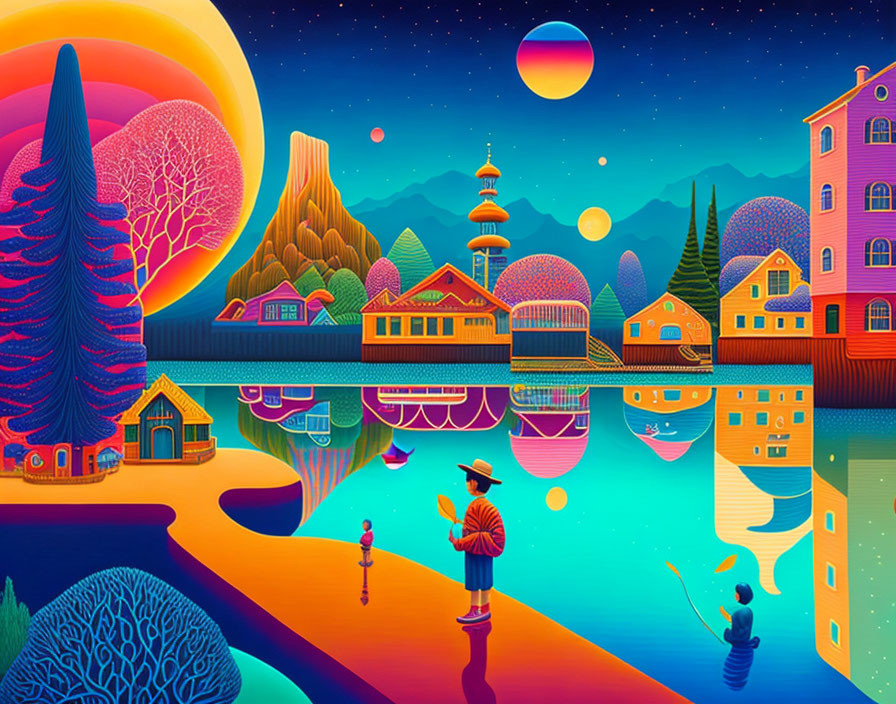 Surreal landscape with large moon, colorful houses, fishing people, and winding river