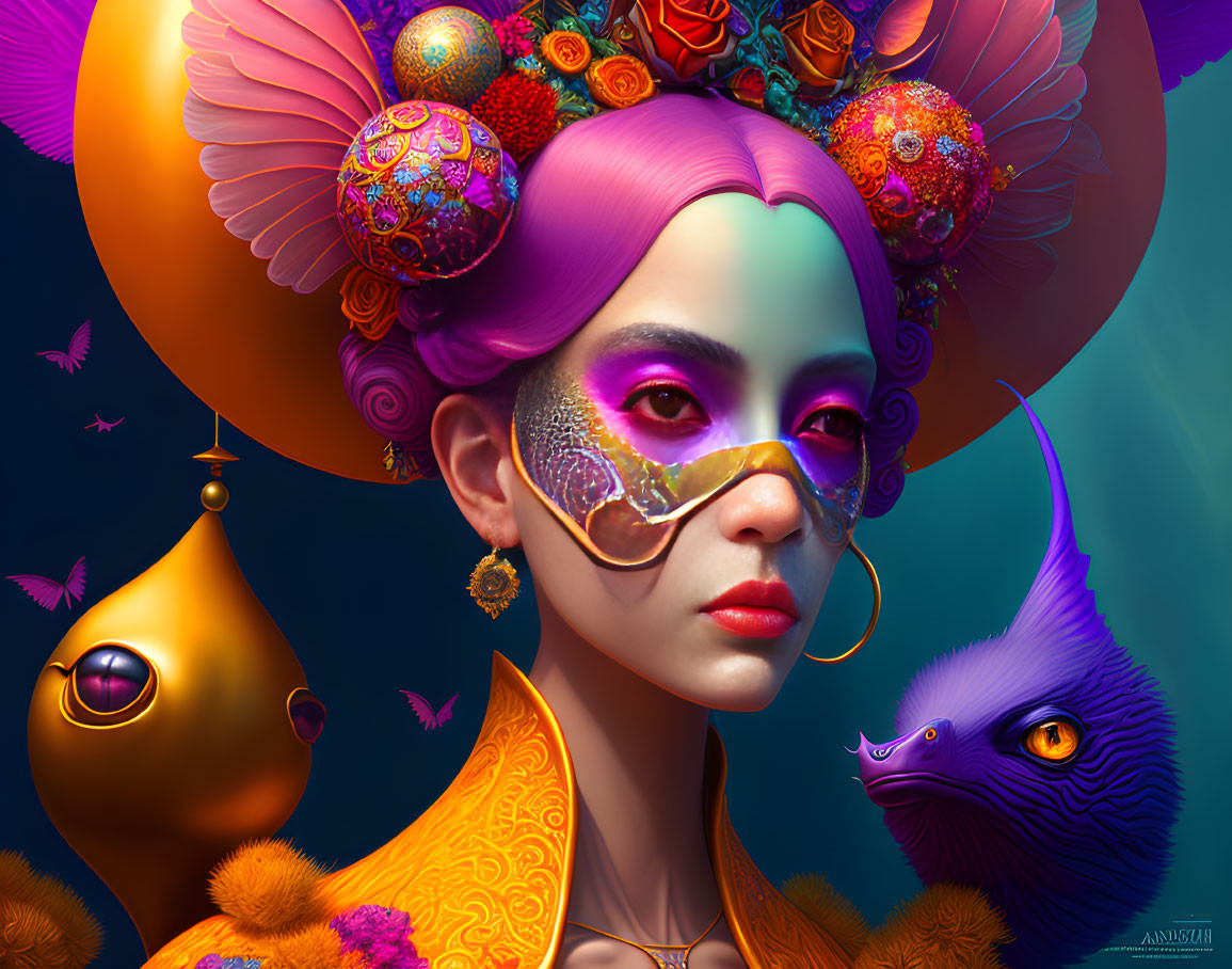 Colorful digital portrait: Woman with pink hair, golden mask, ornate headdress, blue creature