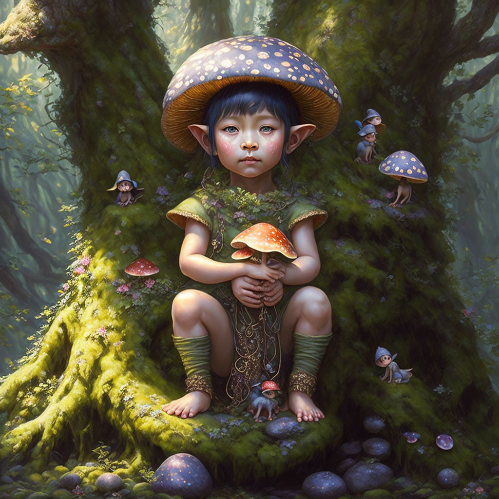 Childlike creature with mushroom features in enchanted forest with small mushroom people