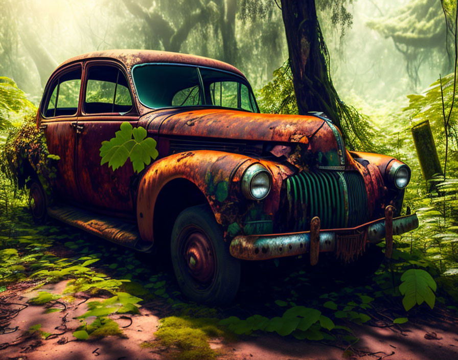 Rusted car overtaken by plants in misty forest