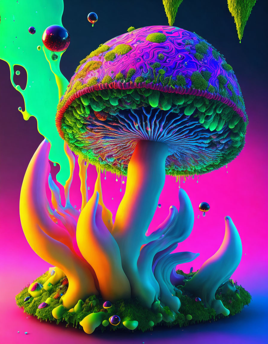 Colorful Psychedelic Mushroom Illustration on Neon Background