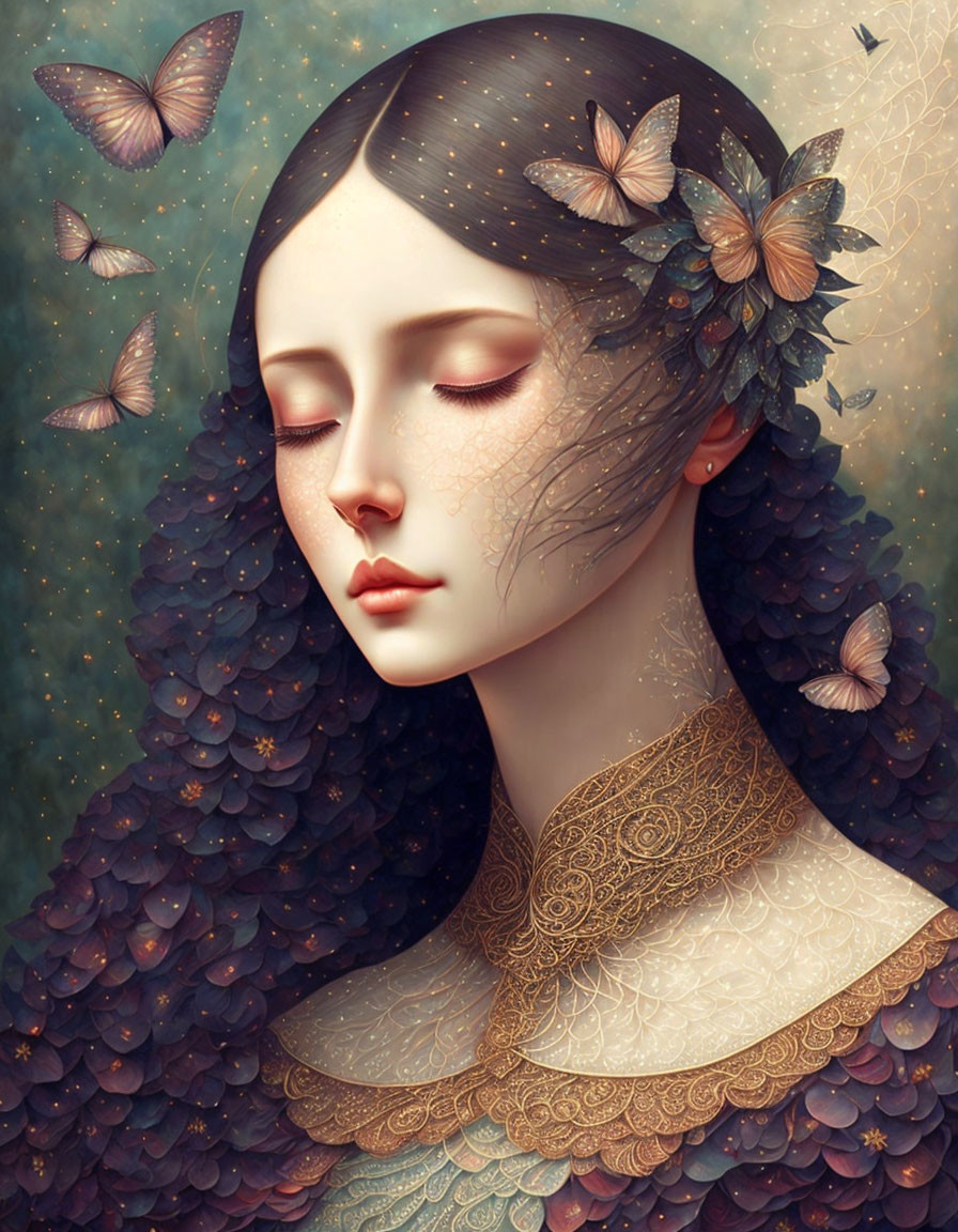 Detailed illustration of serene woman with closed eyes, surrounded by butterflies.