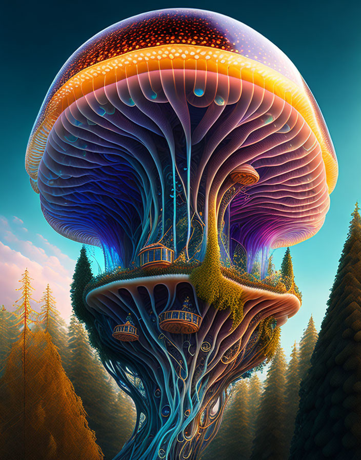 Vibrant giant mushroom digital art in forest setting