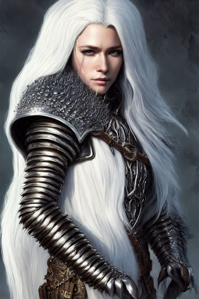 Fantasy warrior portrait with white hair, blue eyes, detailed armor, and fur cape