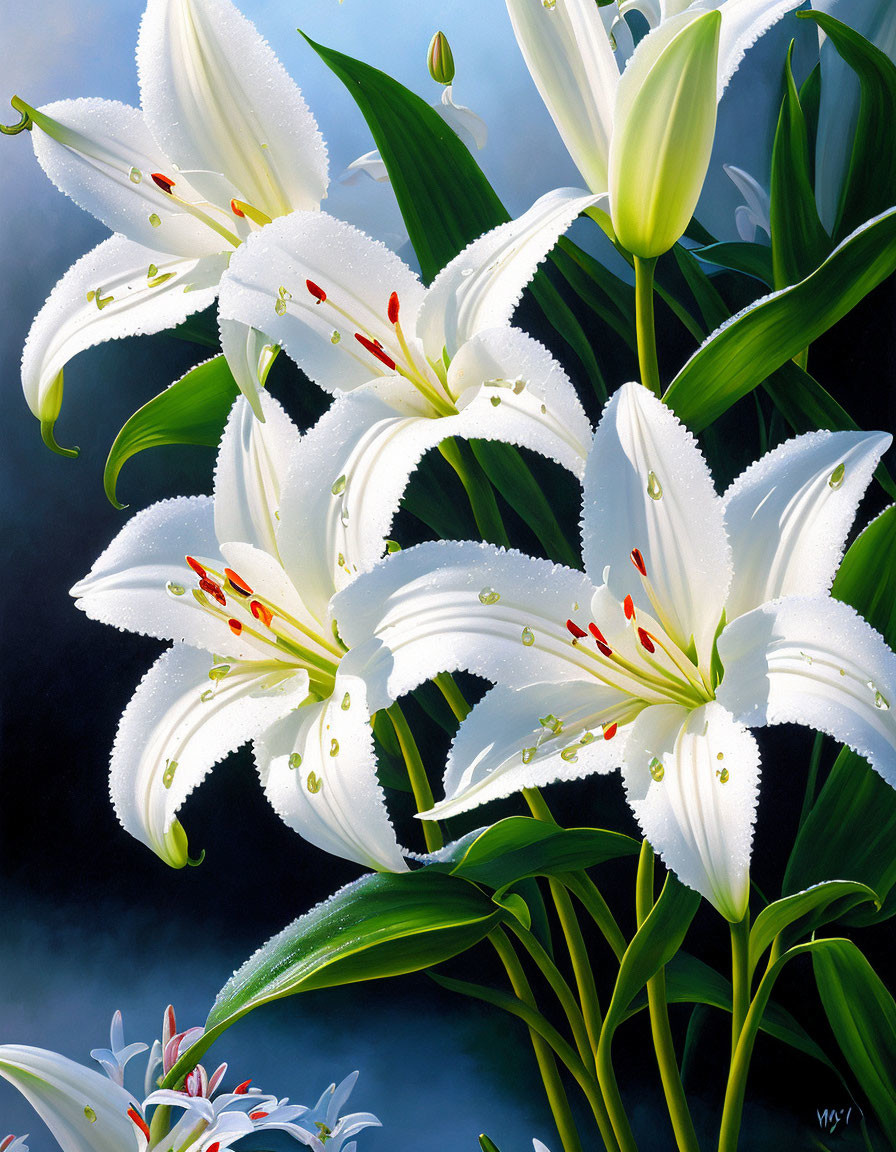 Detailed Painting of White Lilies with Prominent Stamens and Green Foliage