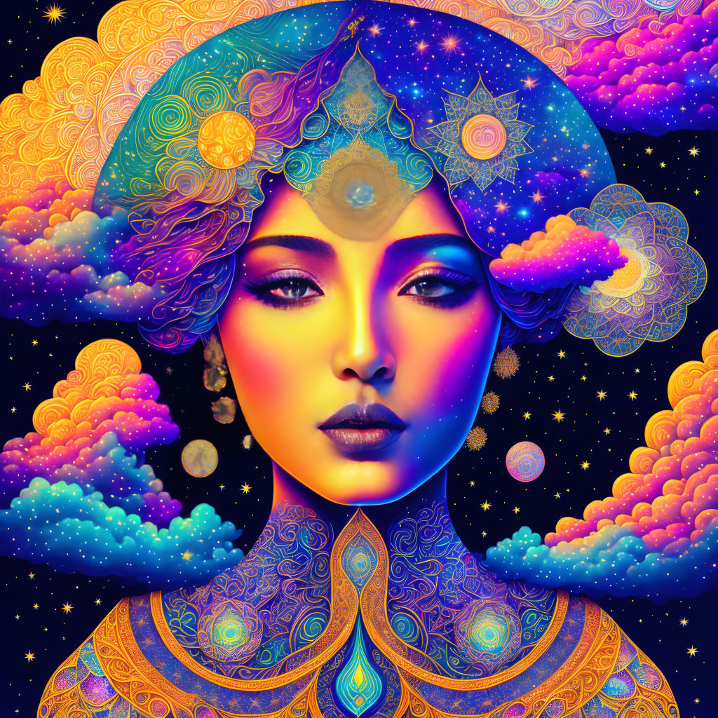 Colorful digital portrait of a woman with cosmic and floral motifs.