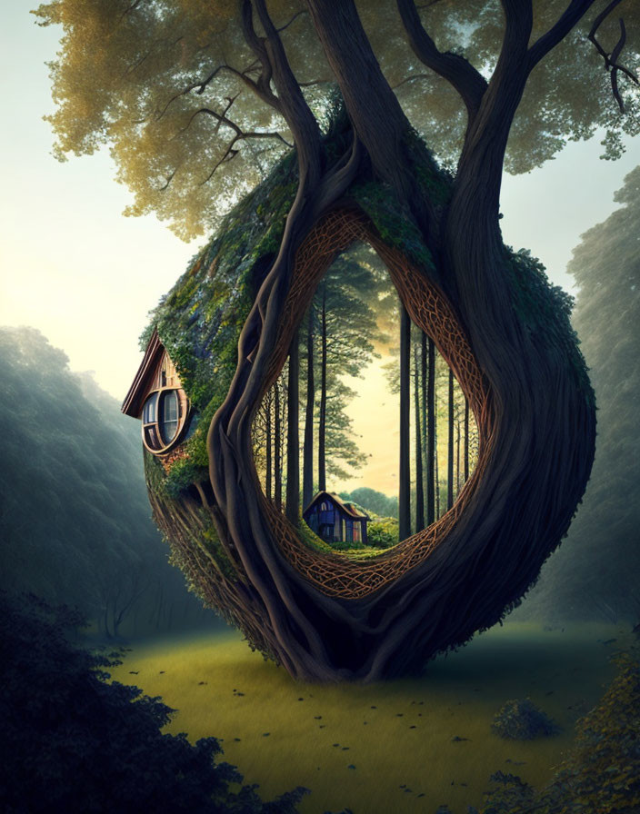 Mystical forest scene with hollow tree, smaller tree, and house inside