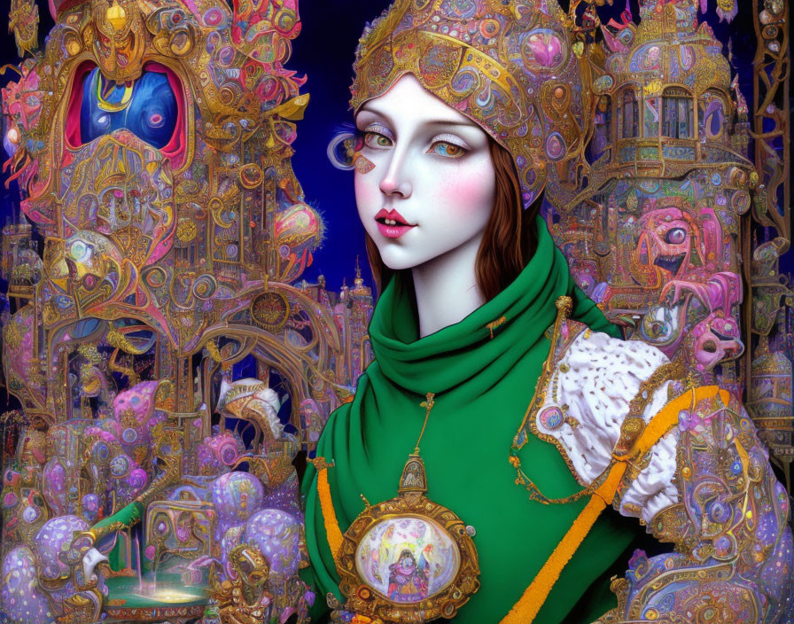 Digital Artwork: Pale Woman in Golden Armor on Colorful Machine Background